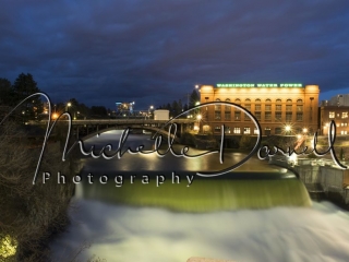 The Post Street Bridge and the Washington Water Power building, with the Red Lion Hotel and the Riverfront Park Pavilion in the background. 72 dpi, 300 dpi, 600 dpi