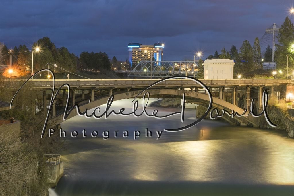The Post Street Bridge with the Red Lion Hotel and the Riverfront Park Pavilion in the background. 72 dpi, 300 dpi, 600 dpi