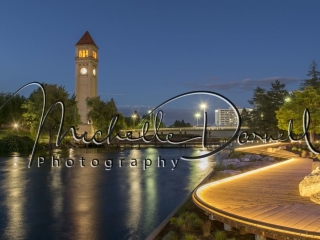 The Spokane Riverfront Park boardwalk at night with the clock tower, and the Looff Carrousel off to the right. 72 dpi, 300 dpi, 600 dpi