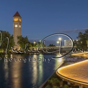 The Spokane Riverfront Park boardwalk at night with the clock tower, and the Looff Carrousel off to the right. 72 dpi, 300 dpi, 600 dpi